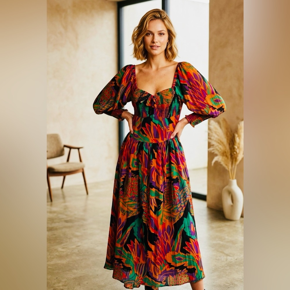 House of Harlow 1960 Women's Smocked Mixed Floral Midi Dress in size XS